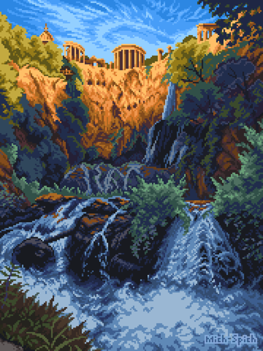 Pixel art of sun lit greek style buildings on the edge of a waterfall